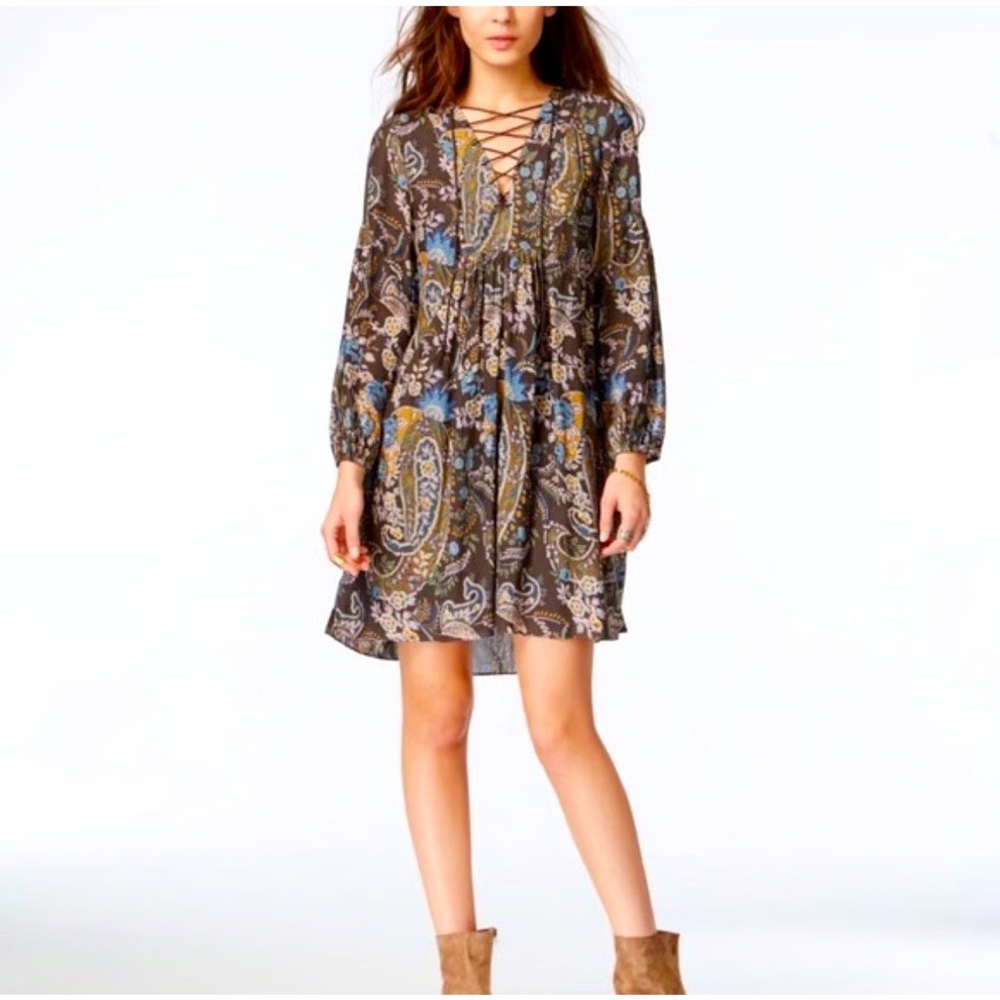 Free People Blue and Green Paisley Long Sleeve Dress